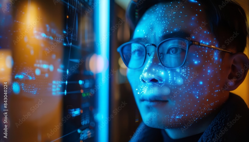 Mans Face Illuminated By Digital Data In A Server Room Mans Face Illuminated By Digital Data In A Server Room