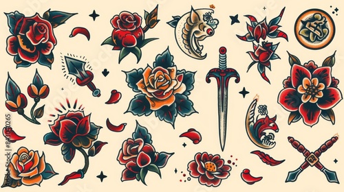 Fototapeta Naklejka Na Ścianę i Meble -  Intricate American traditional tattoo featuring vibrant old-school roses and dagger motifs, showcased on a clean background.