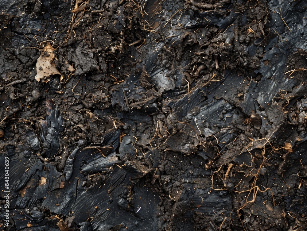 Macro image of dark humic soil with visible organic detritus, exhibiting decomposition and high carbon content. Macro image of dark humic soil with visible organic detritus, exhibiting decomposition and high carbon content.
