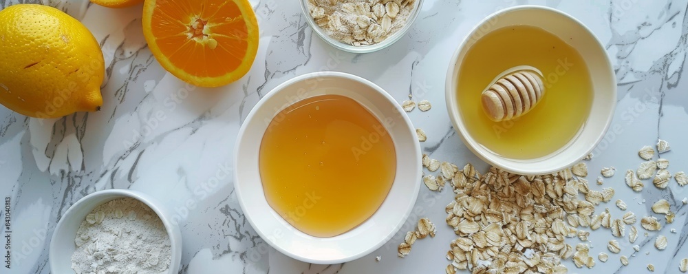 Marble-set top view of honey and oatmeal detox face mask ingredients for advertisement. Marble-set top view of honey and oatmeal detox face mask ingredients for advertisement.