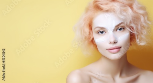 Happy woman with skincare face mask. Young woman with clay mask on her face. Beautiful Caucasian female with cosmetic Facial Mask, copy space.