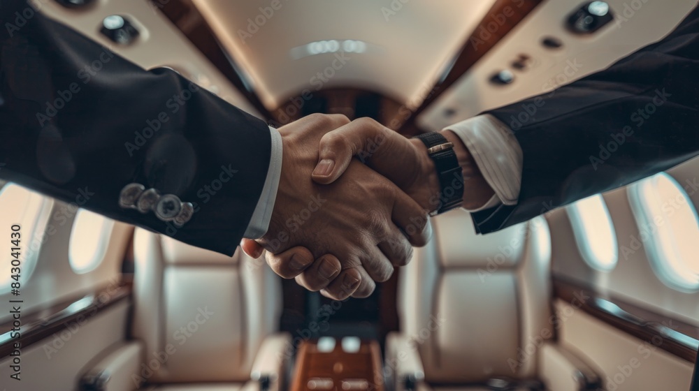 Two businessmen shaking hands closing a business deal in a private jet Two businessmen shaking hands closing a business deal in a private jet