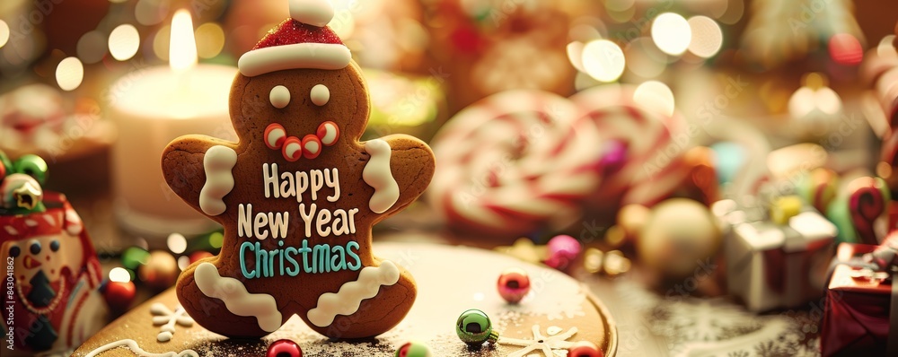 Obraz premium Gingerbread man is wishing happy new year christmas