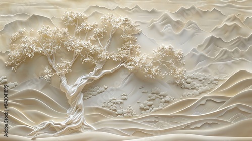 Fototapeta Naklejka Na Ścianę i Meble -  Beautiful Chinese landscape 3d relief wallpaper. Mural wallpaper. Wall art. AI generated illustration.