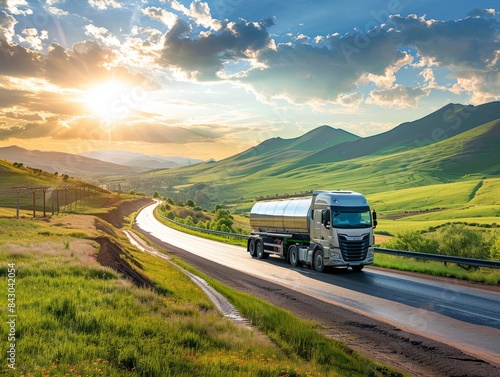 Picturesque silver fuel tanker truck voyage through stunning scenery, bathed in radiant sunshine amidst nature's splendor. © Stock Spectrum