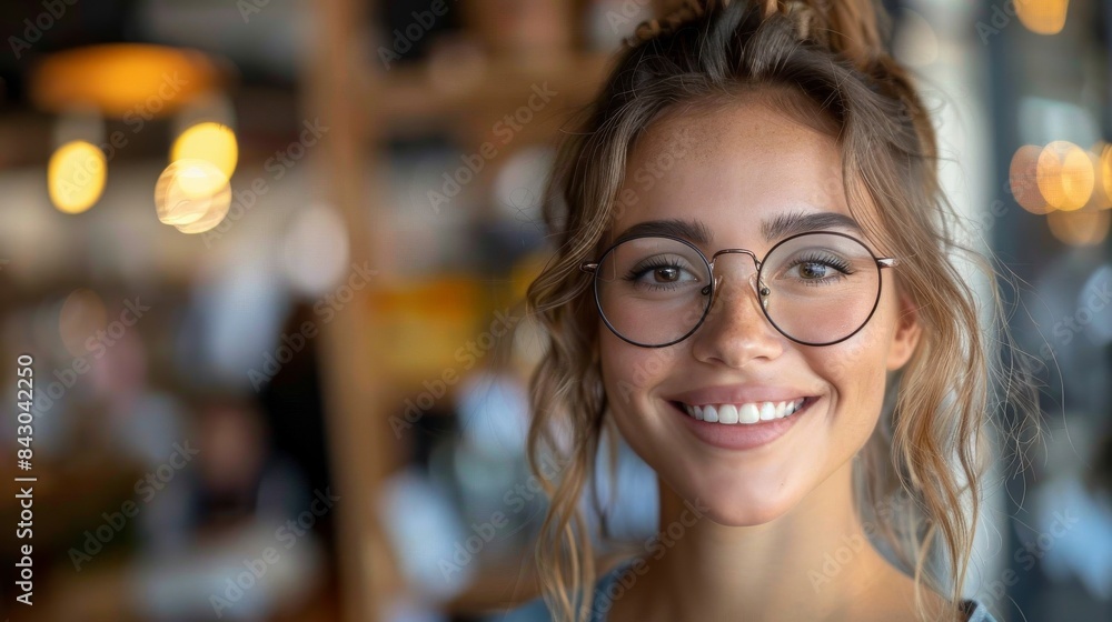 A young woman with a radiant smile is featured indoors with circular glasses and a blurry background A young woman with a radiant smile is featured indoors with circular glasses and a blurry background