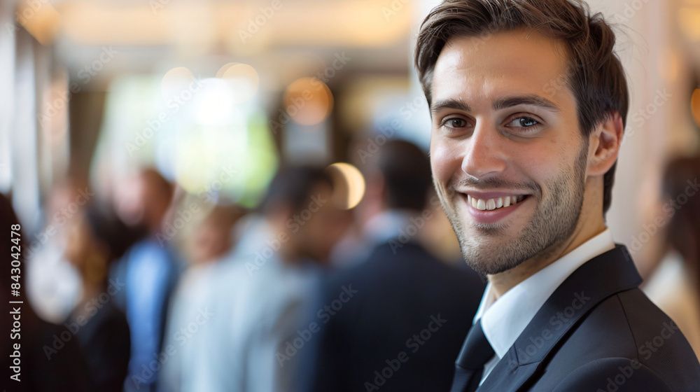 Smiling young businessman exuding confidence at a professional event Smiling young businessman exuding confidence at a professional event