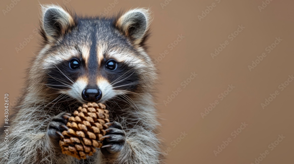 A tight shot of a raccoon gripping a pine cone in its jaws, gazing intently at the camera with a grave expression A tight shot of a raccoon gripping a pine cone in its jaws, gazing intently at the camera with a grave expression