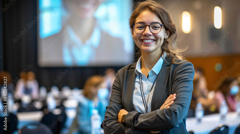 Confident professional woman smiling during a business seminar with a blurred audience in the background Confident professional woman smiling during a business seminar with a blurred audience in the background