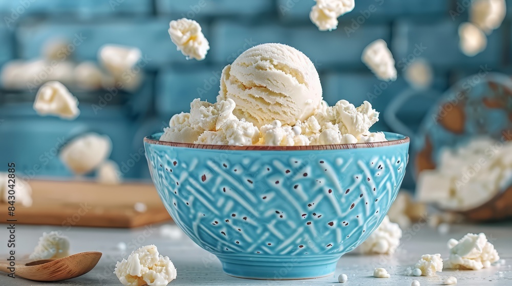 A blue bowl, brimming with ice cream, sits atop a table Nearby are wooden spoons Behind the bowl, a blue brick wall shows scattered remnants of mel A blue bowl, brimming with ice cream, sits atop a table Nearby are wooden spoons Behind the bowl, a blue brick wall shows scattered remnants of mel