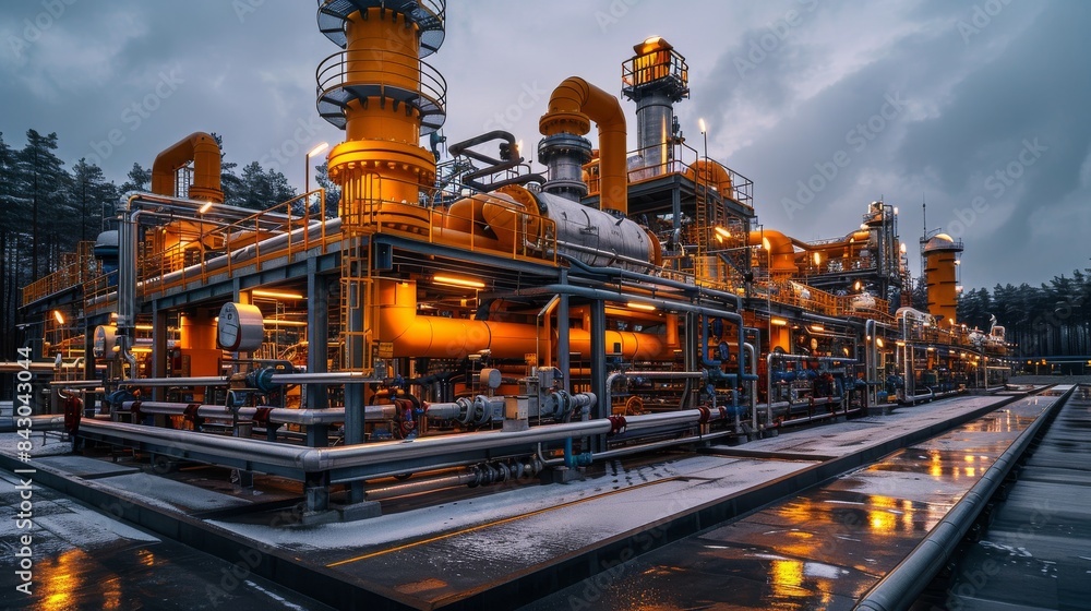 An industrial power plant with tall towers and intricate pipelines set against an atmospheric sky An industrial power plant with tall towers and intricate pipelines set against an atmospheric sky
