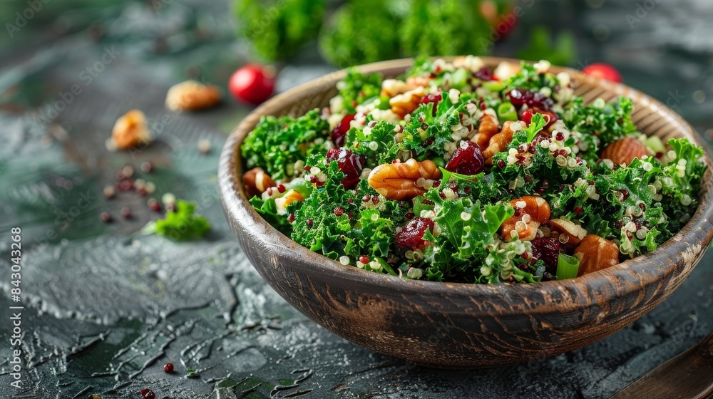 Studio-lit rustic bowl of kale and quinoa salad with cranberries and walnuts, showcasing textures for lifestyle magazines.