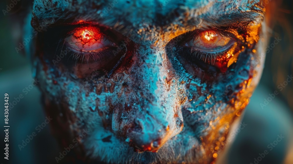A close-up of a person with intense zombie makeup featuring piercing red glowing eyes and textured skin A close-up of a person with intense zombie makeup featuring piercing red glowing eyes and textured skin