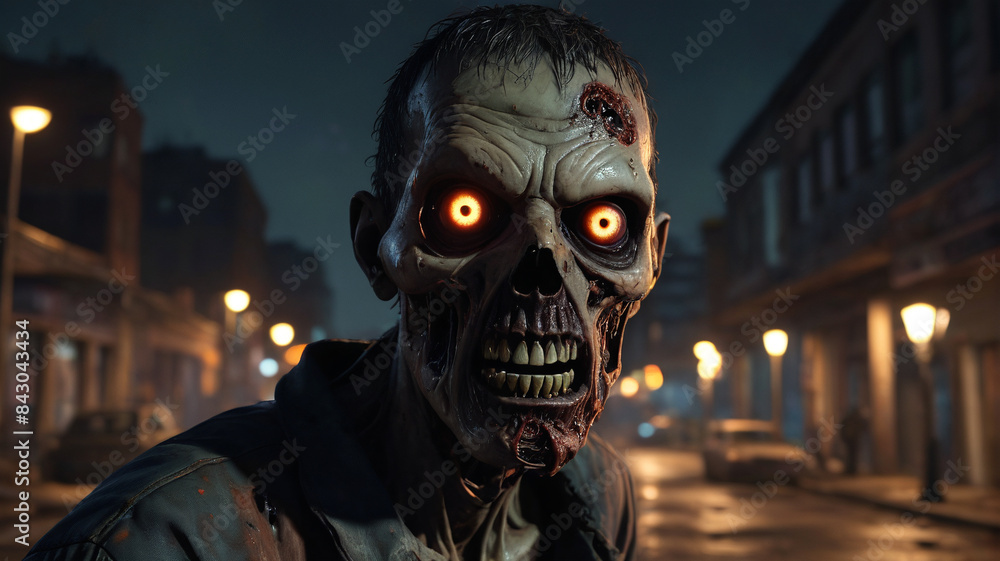 Beneath the dim streetlights, zombies with hollow eyes and rotting flesh stagger aimlessly, creating a scene of apocalyptic terror, Generative AI Beneath the dim streetlights, zombies with hollow eyes and rotting flesh stagger aimlessly, creating a scene of apocalyptic terror, Generative AI