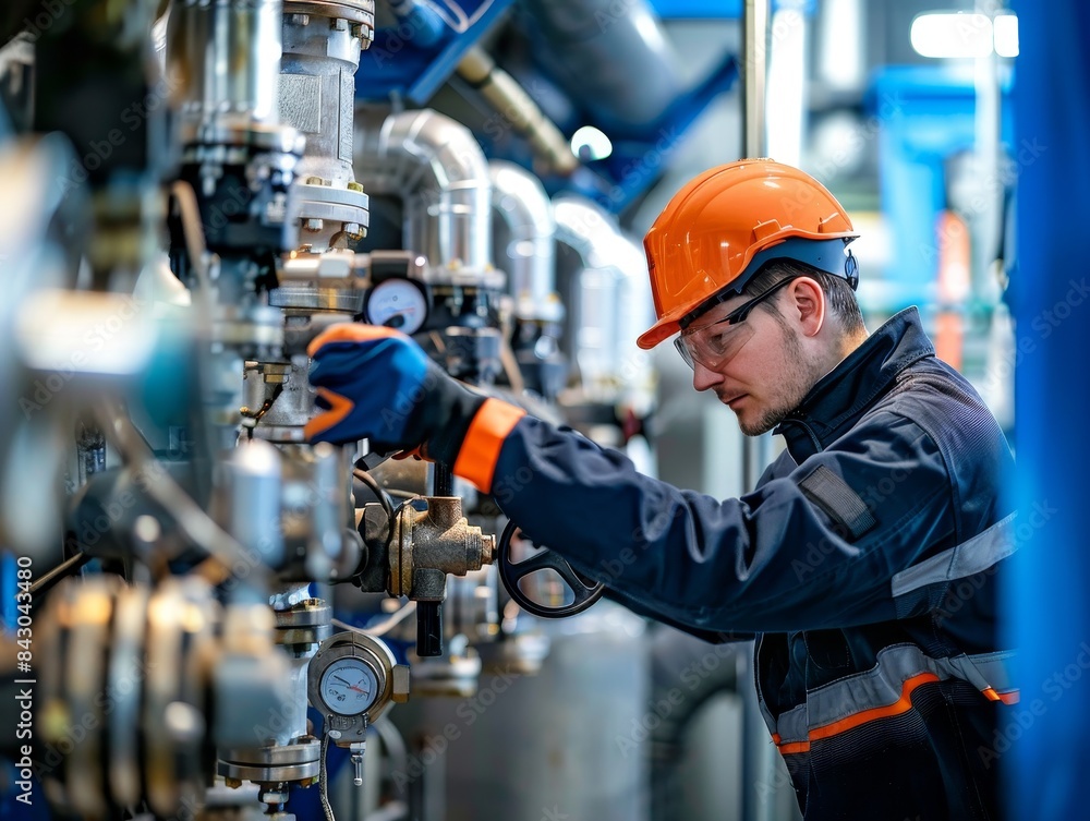 Technician employing sophisticated tools for operational efficiency during biogas plant repair. Technician employing sophisticated tools for operational efficiency during biogas plant repair.