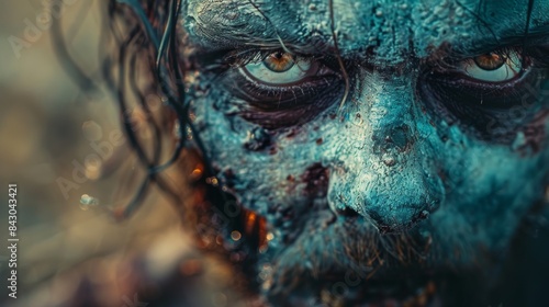 Detailed image of a dramatic, decrepit character with blue textured facial makeup