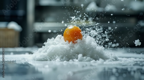  A orange atop white foam stack, kitchen floor disguised in snowfall, backdrop lightly blurred photo