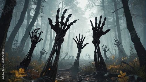 In the haunted forest, the groaning zombies emerge from the shadows, their skeletal hands reaching out to snatch the unwary, Generative AI photo