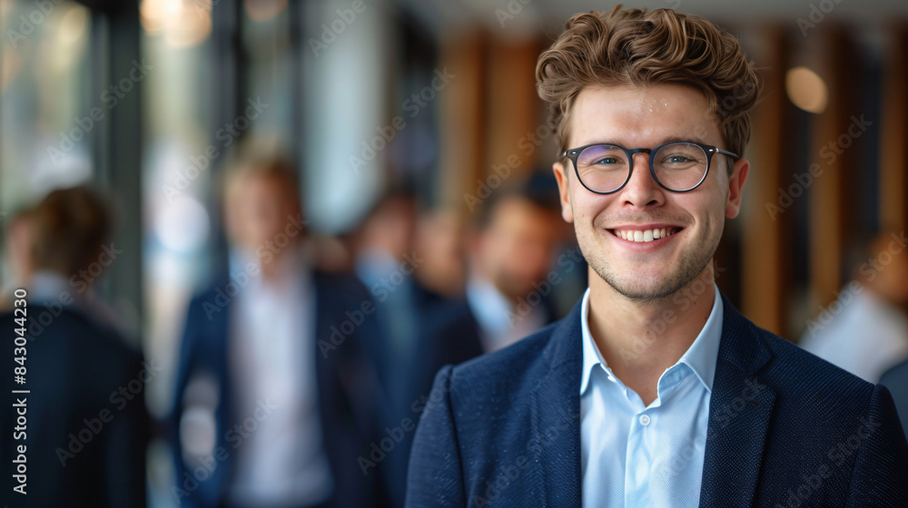 Portrait of a cheerful young man with glasses in a modern business environment Portrait of a cheerful young man with glasses in a modern business environment