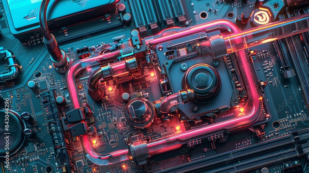 High-Tech Gaming PC with RGB Liquid Cooling System - Futuristic Hardware Setup, Close-Up, Neon Lights, and Transparent Tubes High-Tech Gaming PC with RGB Liquid Cooling System - Futuristic Hardware Setup, Close-Up, Neon Lights, and Transparent Tubes