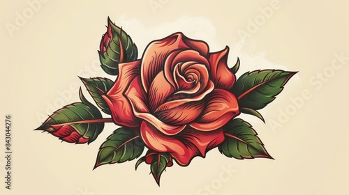 Fototapeta Naklejka Na Ścianę i Meble -  Vibrant vintage tattoo design featuring an isolated rose with thick outlines and flat colors.
