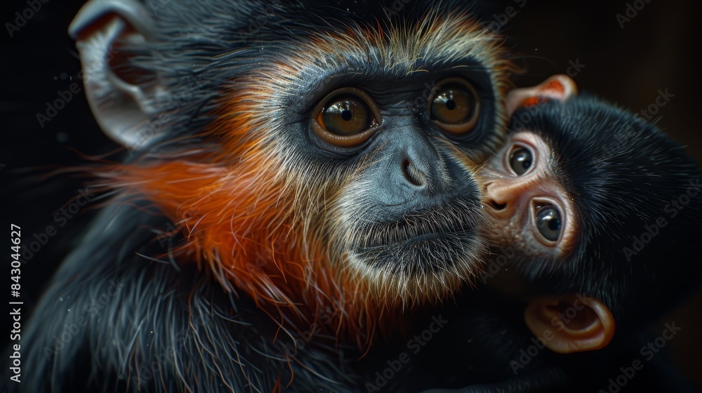 A close-up of a monkey carrying a baby on its back, with its head resting against the monkey's rump A close-up of a monkey carrying a baby on its back, with its head resting against the monkey's rump