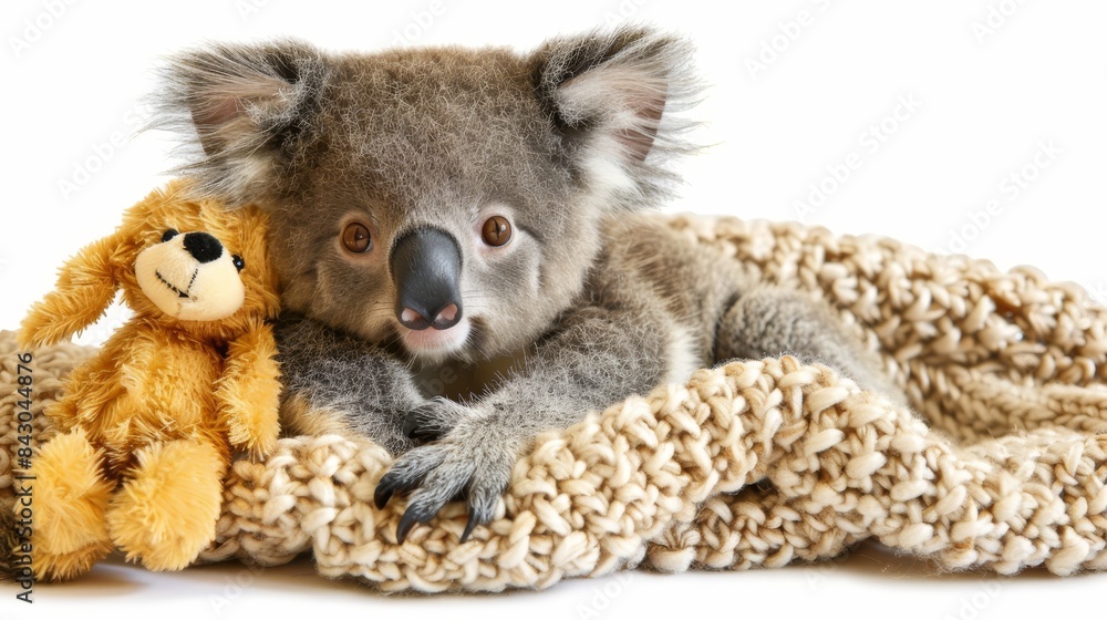 A koala sits on a blanket, holding a bear in its lap Another bear rests atop the koala's back A koala sits on a blanket, holding a bear in its lap Another bear rests atop the koala's back