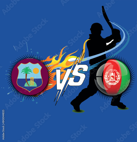 West Indies vs Afghanistan, Cricket Match concept with creative illustration of participant countries flag Batsman and Circle isolated on Blue background. Afghanistan vs West Indies.