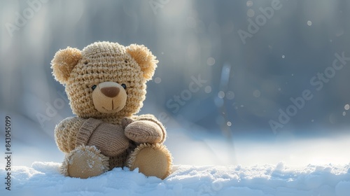  A crocheted bear sits in the snow, donned with a knitted hat Another crocheted bear resides in the foreground