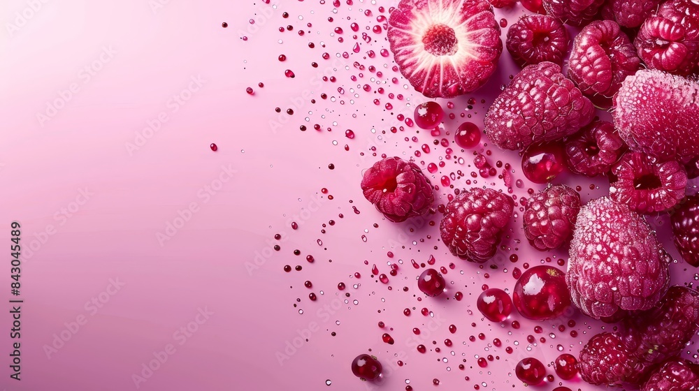 A collection of raspberries against a pink backdrop, featuring droplets of water at image edges, and partially hidden beneath, the lower hem A collection of raspberries against a pink backdrop, featuring droplets of water at image edges, and partially hidden beneath, the lower hem