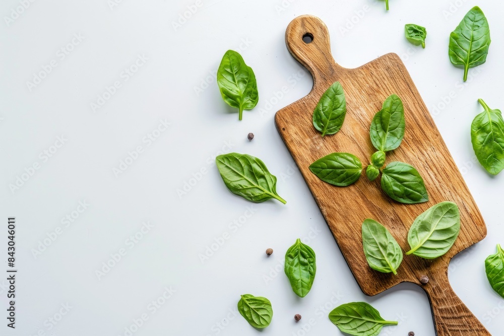 Fresh Sliced Spinach on Wooden Board Against White Background with Copy Space - Nutrition - Culinary Arts - Vegan Cooking Fresh Sliced Spinach on Wooden Board Against White Background with Copy Space - Nutrition - Culinary Arts - Vegan Cooking
