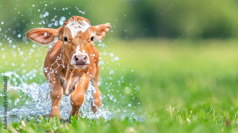 A brown and white cow splashes water on its face in a green field Grass and trees surround the background A brown and white cow splashes water on its face in a green field Grass and trees surround the background