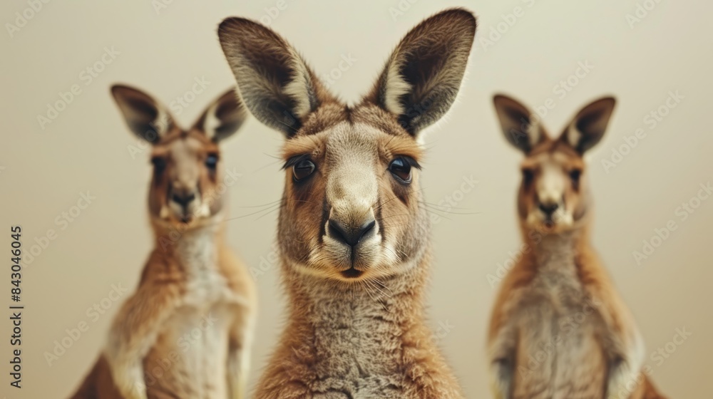 A group of kangaroos aligned; one gazes at the camera, the other matches its direction A group of kangaroos aligned; one gazes at the camera, the other matches its direction