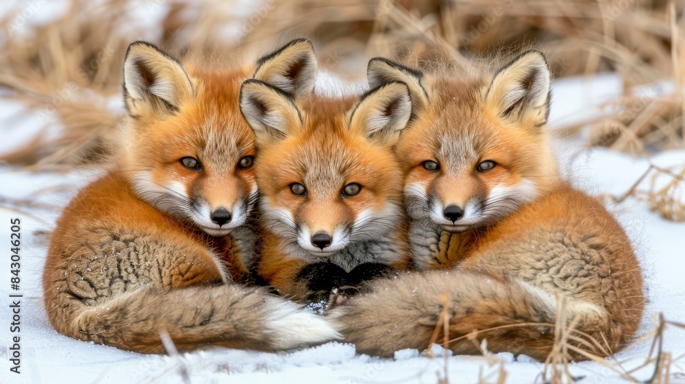 A pair of foxes perched side by side atop a snow-covered ground Behind them, towering tall, were patches of dried grass The scene unfolded under a A pair of foxes perched side by side atop a snow-covered ground Behind them, towering tall, were patches of dried grass The scene unfolded under a