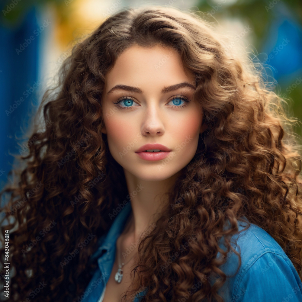 Naklejka premium portrait of long curly hair girl with blue eyes 