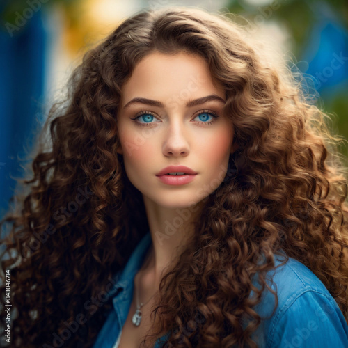 portrait of long curly hair girl with blue eyes 