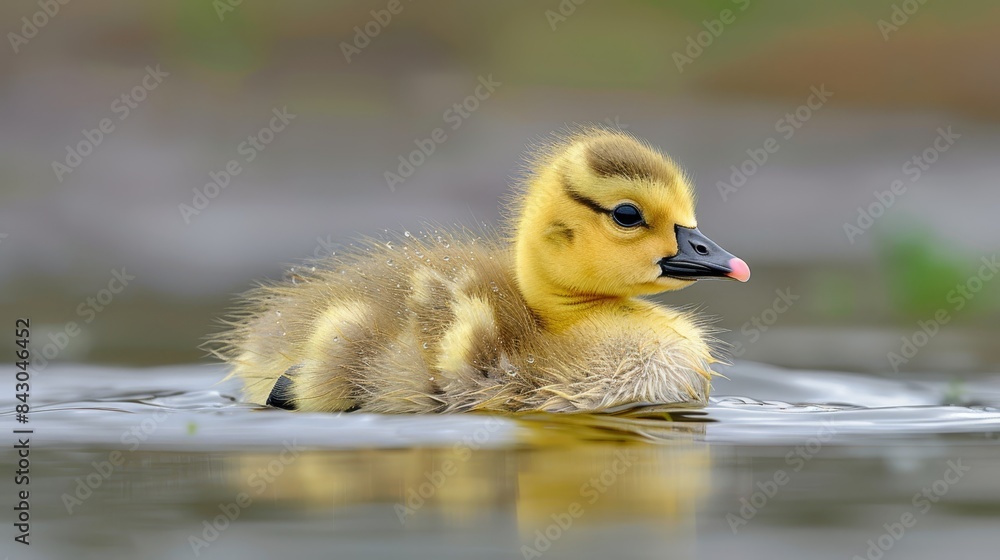 A duckling swims with its head above the water's surface in clear view, against a softly blurred background A duckling swims with its head above the water's surface in clear view, against a softly blurred background