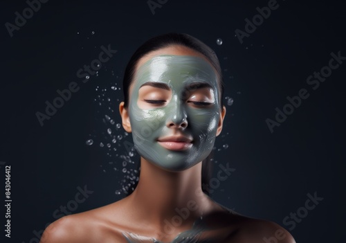 Beautiful young Caucasian woman with facial mask on her face on a background with Copy Space. Young woman with clay mask on her face. Beautiful Caucasian female with cosmetic Facial Mask, copy space.