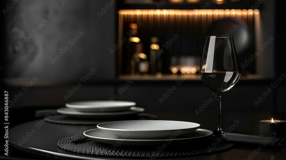 Dark, elegant restaurant table with luxurious plates, empty black space for text, high-quality photo realistic setup Dark, elegant restaurant table with luxurious plates, empty black space for text, high-quality photo realistic setup