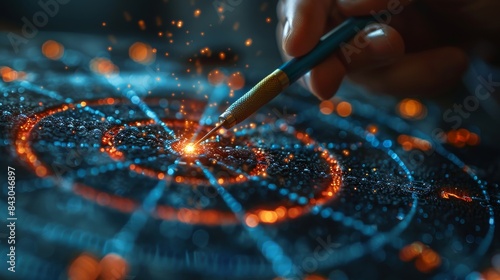 An artistic portrayal of sparkling lights and intricate patterns illuminated by a person's hand using a tool, showing craftsmanship photo
