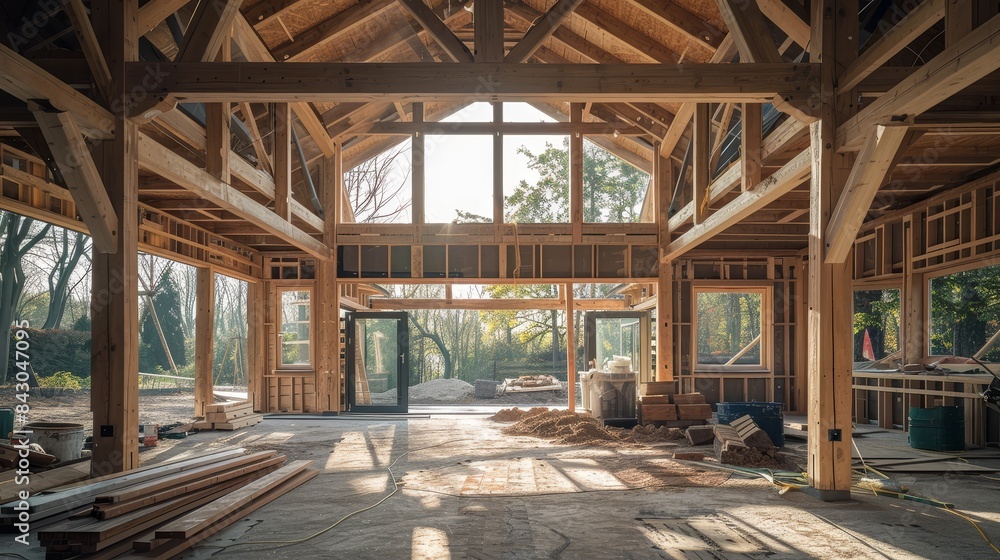 Detailed photo of a new home under construction, sunlit wooden structure, open beams, photo realism, natural light Detailed photo of a new home under construction, sunlit wooden structure, open beams, photo realism, natural light