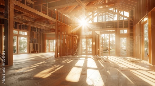 Detailed photo of a new home under construction, sunlit wooden structure, open beams, photo realism, natural light © JP STUDIO LAB
