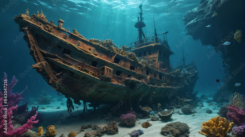 In the depths of the ocean, a mysterious sea creature guards a sunken shipwreck filled with ancient artifacts, Generative AI In the depths of the ocean, a mysterious sea creature guards a sunken shipwreck filled with ancient artifacts, Generative AI