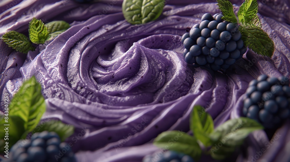 A tight shot of a purple frosted cake, adorned with blueberries and raspberries atop Beneath the frosting, green leaves drape down A tight shot of a purple frosted cake, adorned with blueberries and raspberries atop Beneath the frosting, green leaves drape down