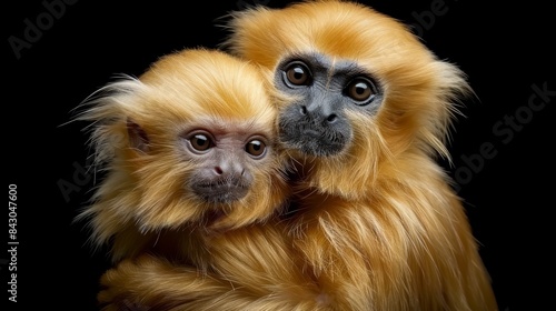  Two monkeys seated side by side against a black backdrop, gazing at the camera with one displaying an open, widened eye