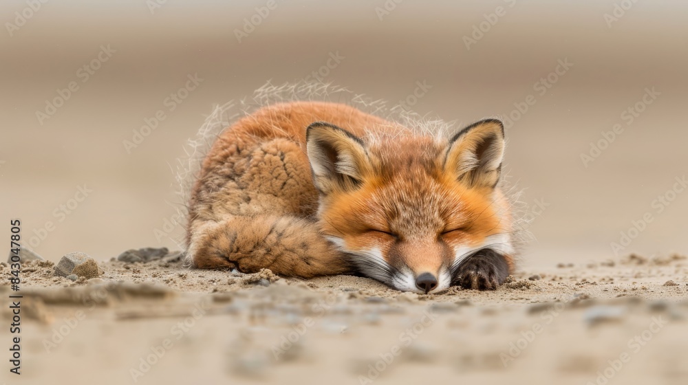 A red fox sleeps in the sand with its eyes closed and its head on its side A red fox sleeps in the sand with its eyes closed and its head on its side