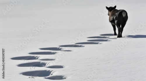 A horse is depicted in the snow, flanking it with trails of its own footprints) photo
