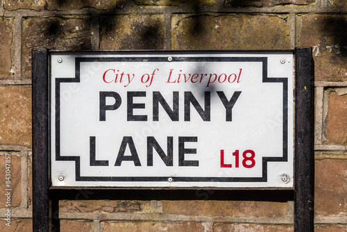 The iconic Penny Lane street sign in Liverpool, England; famous road sign associated with The Beatles' song and a major tourist landmark in the City of Liverpool L18 district