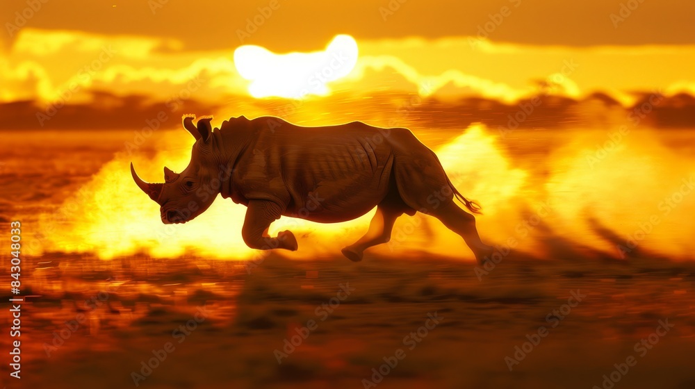 A rhino runs through a field as the sun sets, backdrop of clouds in the foreground A rhino runs through a field as the sun sets, backdrop of clouds in the foreground