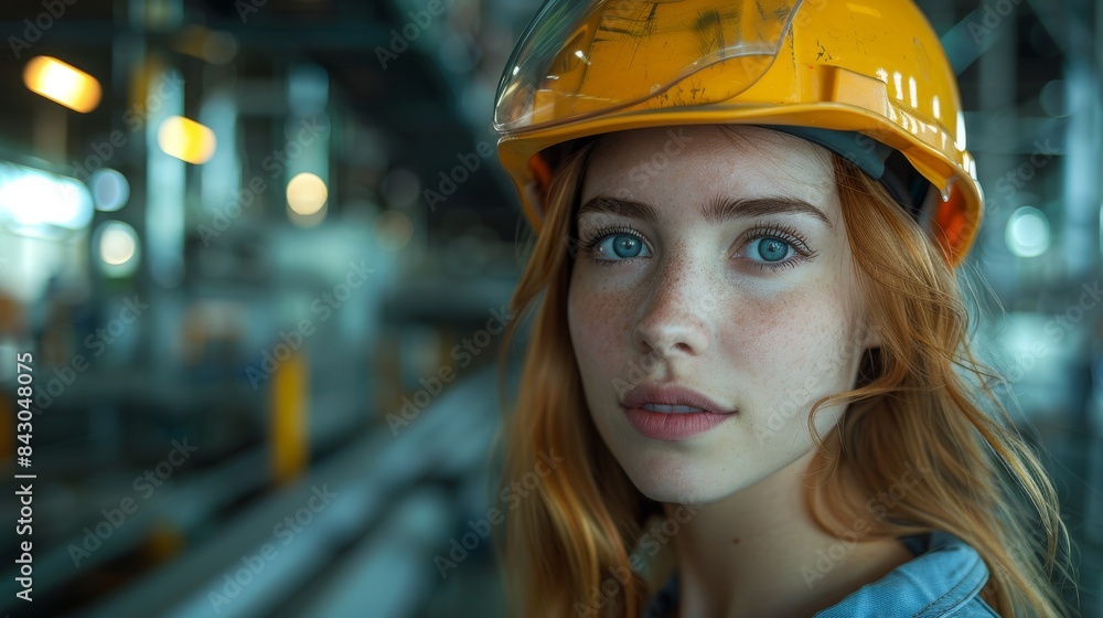 Portrait of a redhead female engineer with a safety helmet in an industrial setting Portrait of a redhead female engineer with a safety helmet in an industrial setting